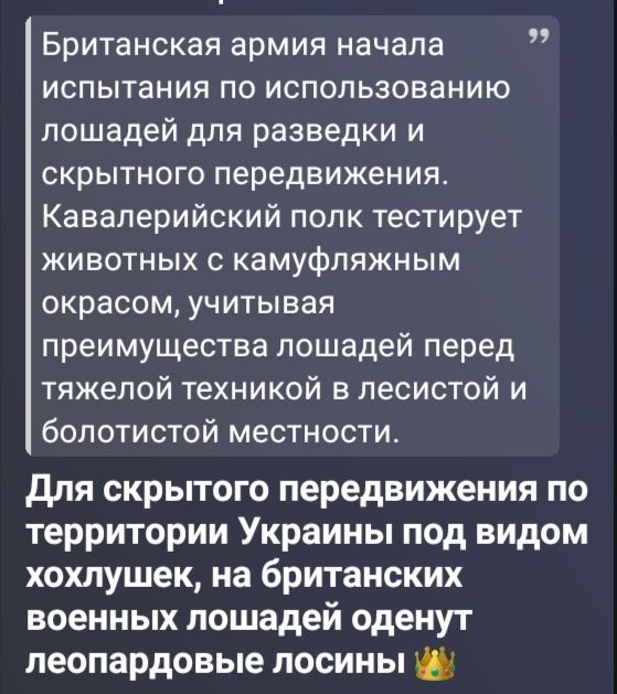 Британская армия начала испытания по использованию лошадей для разведки и скрытного передвижения. Кавалерийский полк тестирует животных с камуфляжным окрасом, учитывая преимущества лошадей перед тяжелой техникой в лесистой и болотистой местности. Для скрытного передвижения по территории Украины под видом хохлушек, на британских военных лошадей