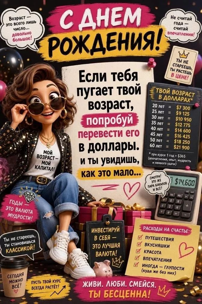 С ДНЕМ РОЖДЕНИЯ! Возраст — это всего лишь число... довольно большое! Не считай года — считай впечатления! Ты не стареешь, ты растешь в цене! Если тебя пугает твой возраст, попробуй перевести его в доллары. и ты увидишь, как это мало... ТВОЙ ВОЗРАСТ В ДОЛЛАРАХ* 20 лет = $7 300, 25 лет = $9 125, 30 лет = $10 950, 35 лет = $12 775, 40 лет = $14 600,