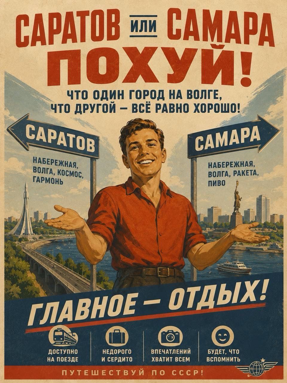 САРАТОВ ИЛИ САМАРА ПОХУЙ! ЧТО ОДИН ГОРОД НА ВОЛГЕ, ЧТО ДРУГОЙ – ВСЁ РАВНО ХОРОШО! САРАТОВ: НАБЕРЕЖНАЯ, ВОЛГА, КОСМОС, ГАРМОНЬ. САМАРА: НАБЕРЕЖНАЯ, ВОЛГА, РАКЕТА, ПИВО. ГЛАВНОЕ – ОТДЫХ! ДОСТУПНО НА ПОЕЗДЕ. НЕДОРОГО И СЕРДИТО. ВПЕЧАТЛЕНИЙ ХВАТИТ ВСЕМ. БУДЕТ, ЧТО ВСПОМНИТЬ. ПУТЕШЕСТВУЙ ПО СССР!