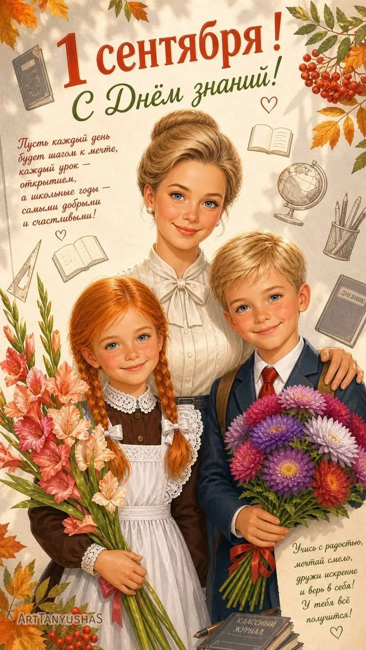 1 сентября! С Днём знаний! Пусть каждый день будет шагом к мечте, каждый урок — открытием, а школьные годы — самыми добрыми и счастливыми! Учись с радостью, мечтай смело, дружи искренне и верь в себя! У тебя всё получится!