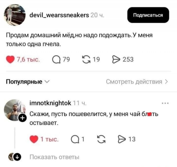Продам домашний мёд, но надо подождать. У меня только одна пчела. Скажи, пусть пошевелится, у меня чай бл*ть остывает.
