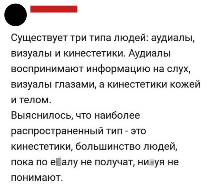 Существует три типа людей: аудиалы, визуалы и кинестетики. Аудиалы воспринимают информацию на слух, визуалы глазами, а кинестетики кожей и телом. Выяснилось, что наиболее распространенный тип - это кинестетики, большинство людей, пока по ебалу не получат, нихуя не понимают.
