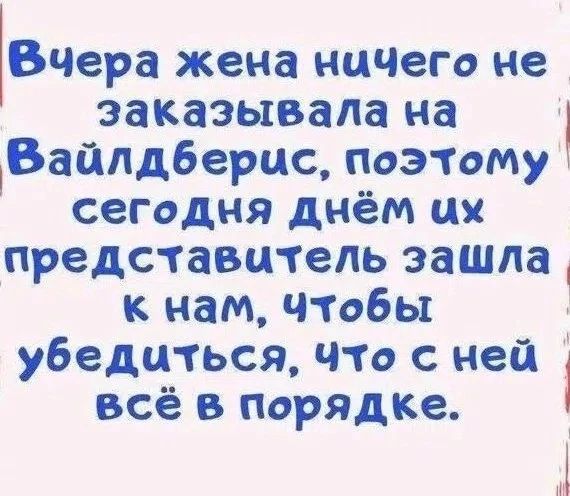 Вчера жена ничего не заказывала на Вайлдберис, поэтому сегодня днём их представитель зашла к нам, чтобы убедиться, что с ней всё в порядке.