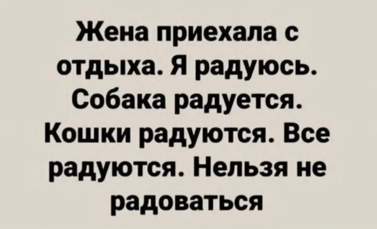 Жена приехала с отдыха. Я радуюсь. Собака радуется. Кошки радуются. Все радуются. Нельзя не радоваться