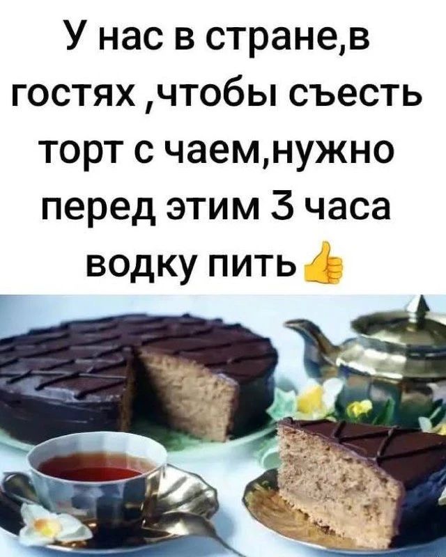 У нас в стране, в гостях, чтобы съесть торт с чаем, нужно перед этим 3 часа водку пить 👍