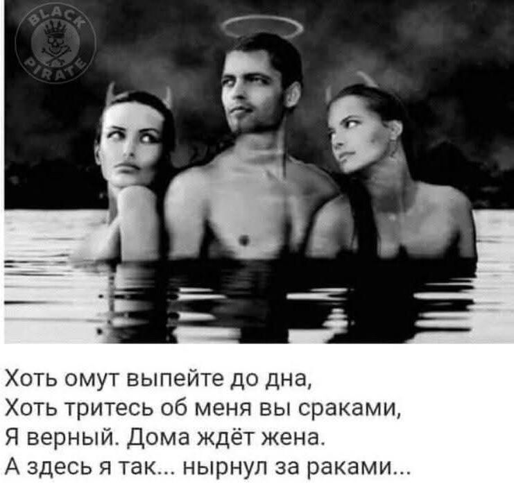 Хоть омут выпейте до дна, Хоть тритесь об меня вы сраками, Я верный. Дома ждёт жена. А здесь я так... нырнул за раками...