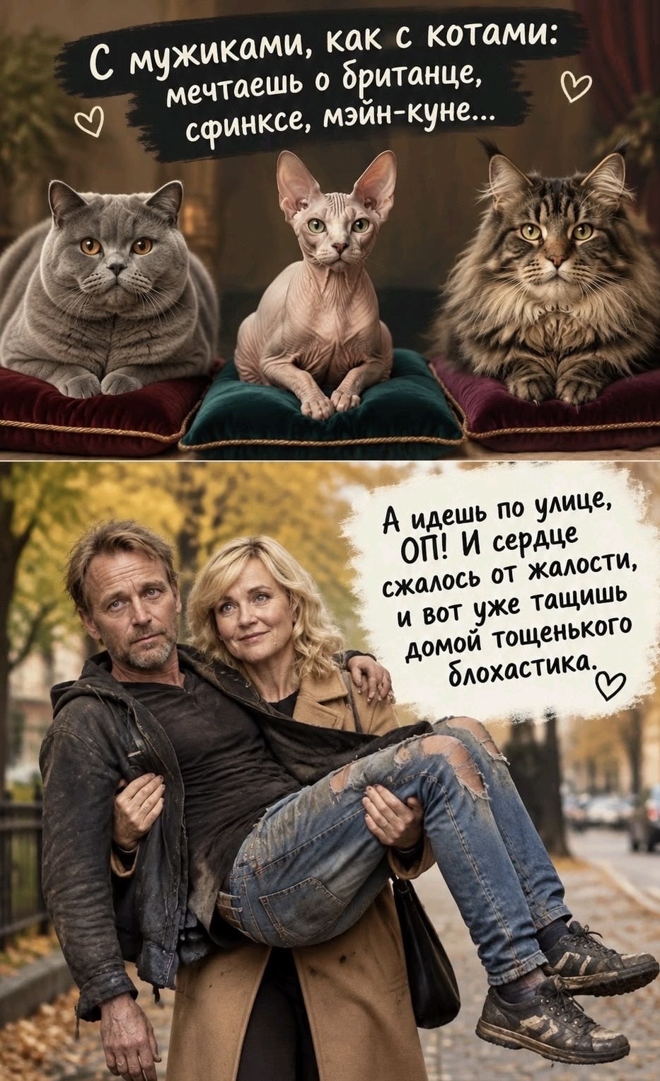 С мужиками, как с котами: мечтаешь о британце, сфинксе, мэйн-куне... А идешь по улице, ОП! И сердце сжалось от жалости, и вот уже тащишь домой тощенького блохастика.