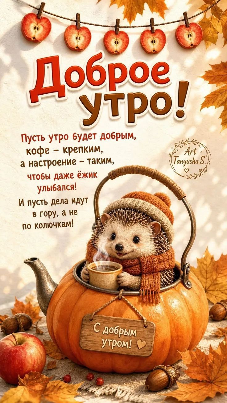Доброе утро! Пусть утро будет добрым, кофе — крепким, а настроение — таким, чтобы даже ёжик улыбался! И пусть дела идут в гору, а не по колючкам! С добрым утром!