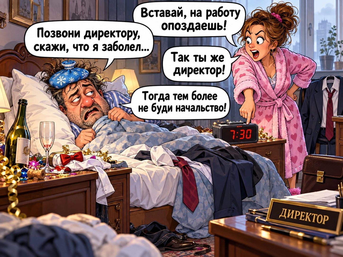 Вставай, на работу опоздаешь! Позвони директору, скажи, что я заболел... Так ты же директор! Тогда тем более не буди начальство!