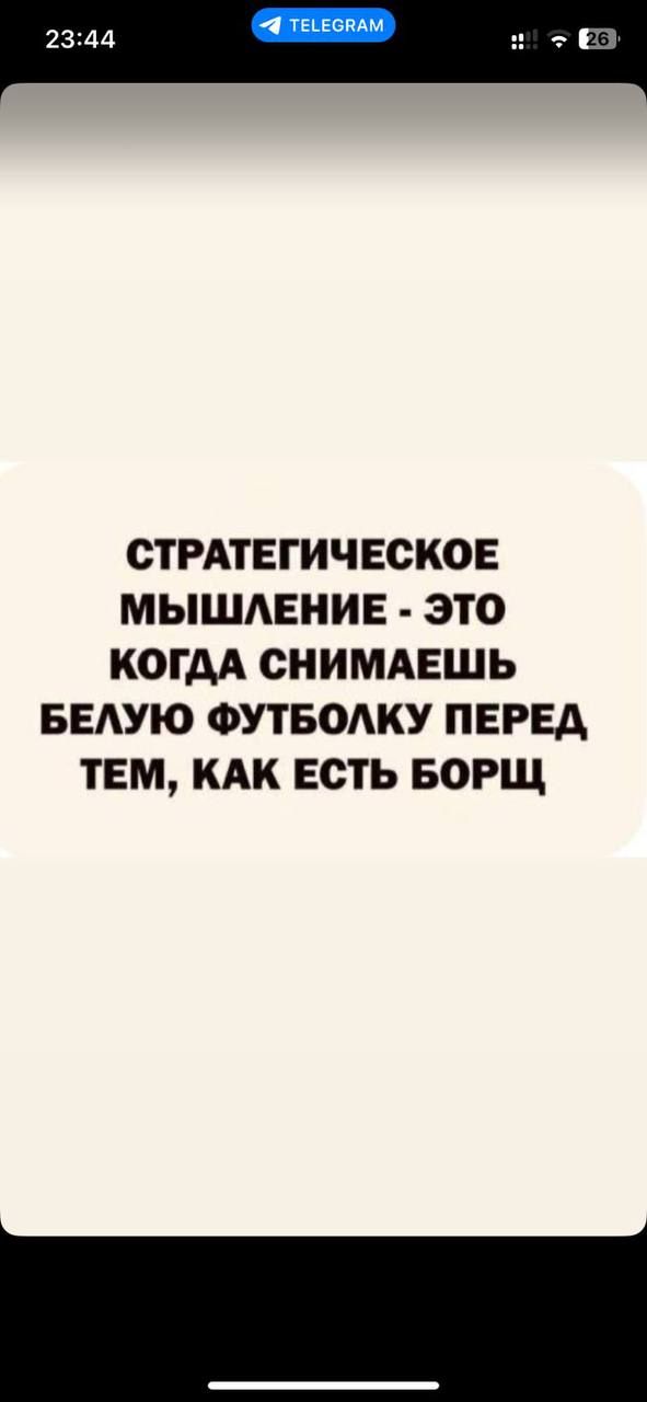 СТРАТЕГИЧЕСКОЕ МЫШЛЕНИЕ - ЭТО КОГДА СНИМАЕШЬ БЕЛУЮ ФУТБОЛКУ ПЕРЕД ТЕМ, КАК ЕСТЬ БОРЩ