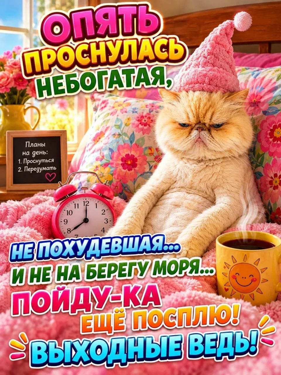 Опять проснулась небогатая, не похудевшая... и не на берегу моря... Пойду-ка ещё посплю! Выходные ведь! Планы на день: 1. Проснуться 2. Передумать