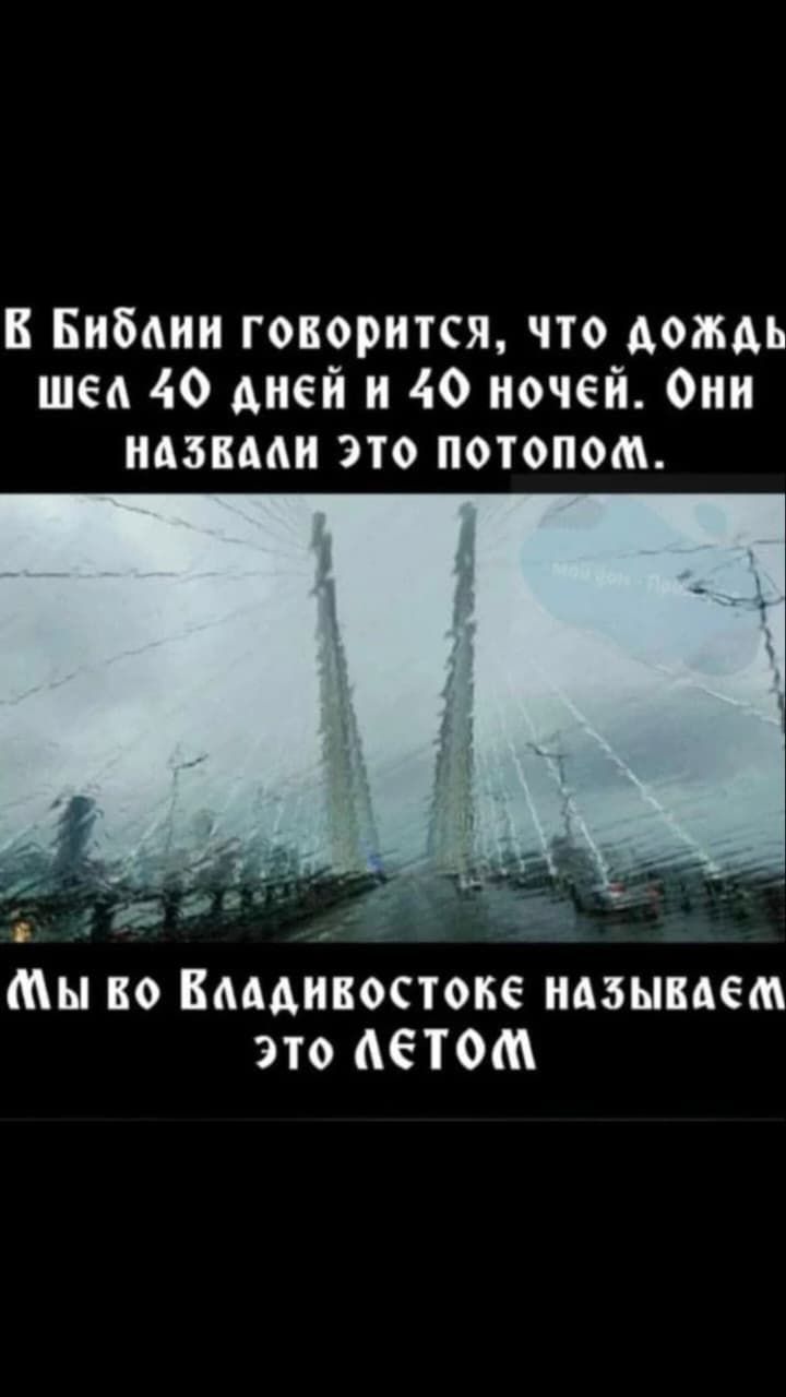 В Библии говорится, что дождь шел 40 дней и 40 ночей. Они назвали это потопом. Мы во Владивостоке называем это летом.
