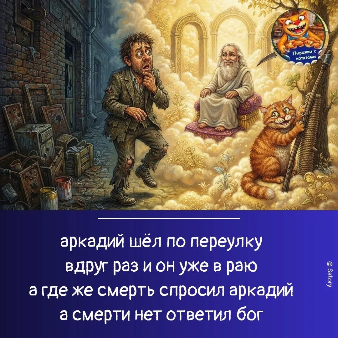 аркадий шёл по переулку вдруг раз и он уже в раю а где же смерть спросил аркадий а смерти нет ответил бог