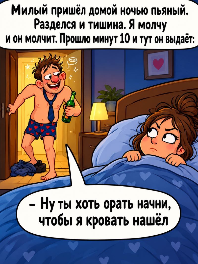 Милый пришёл домой ночью пьяный. Разделся и тишина. Я молчу и он молчит. Прошло минут 10 и тут он выдаёт: — Ну ты хоть орать начни, чтобы я кровать нашёл