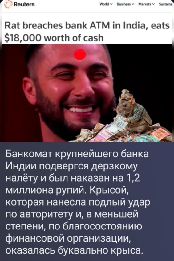 Reuters World Business Markets Sustaina Rat breaches bank ATM in India, eats $18,000 worth of cash. Банкомат крупнейшего банка Индии подвергся дерзкому налёту и был наказан на 1,2 миллиона рупий. Крысой, которая нанесла подлый удар по авторитету и, в меньшей степени, по благосостоянию финансовой организации, оказалась буквально крыса.