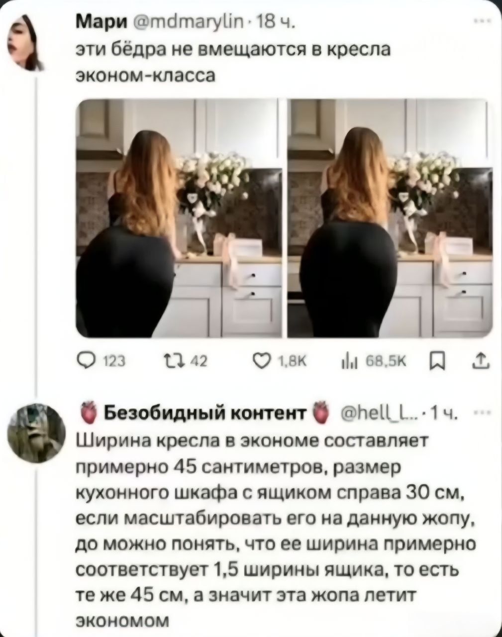 Мари @mdmarylin · 18 ч. эти бёдра не вмещаются в кресла эконом-класса Безобидный контент @hell_L... · 1 ч. Ширина кресла в экономе составляет примерно 45 сантиметров, размер кухонного шкафа с ящиком справа 30 см, если масштабировать его на данную жопу, то можно понять, что ее ширина примерно соответствует 1,5 ширины ящика, то есть те же 45 см, а