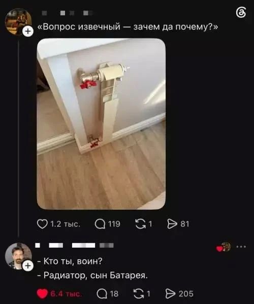 Вопрос извечный — зачем да почему? Кто ты, воин? Радиатор, сын Батарея.