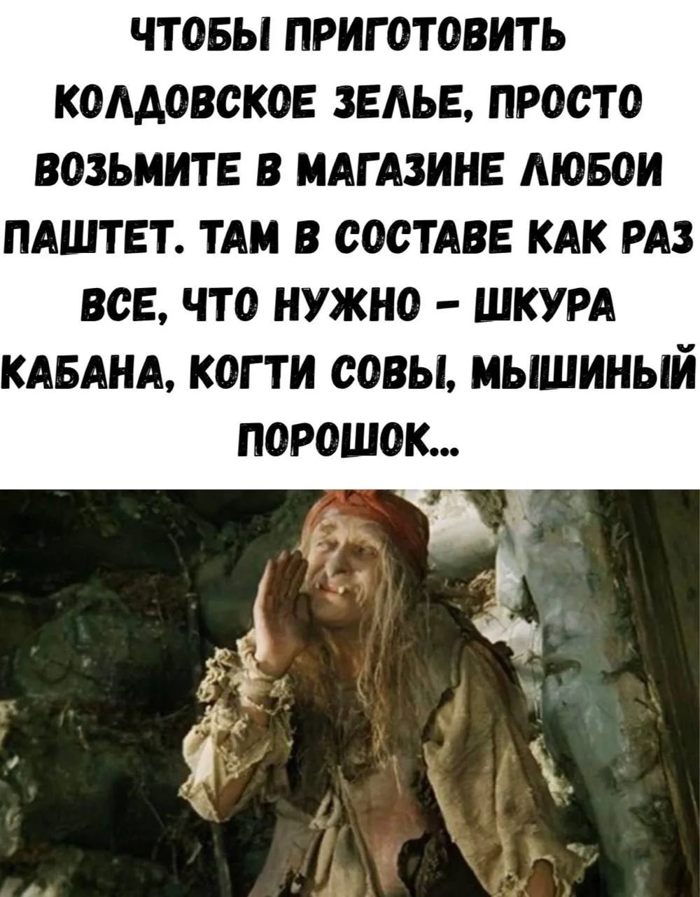 Чтобы приготовить колдовское зелье, просто возьмите в магазине любой паштет. Там в составе как раз все, что нужно – шкура кабана, когти совы, мышиный порошок...