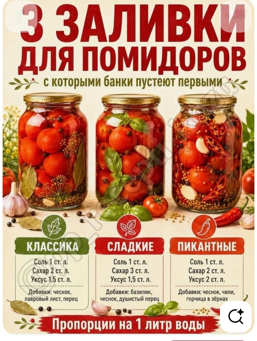 3 ЗАЛИВКИ ДЛЯ ПОМИДОРОВ с которыми банки пустеют первыми КЛАССИКА Соль 1 ст. л. Сахар 2 ст. л. Уксус 1,5 ст. л. Добавки: чеснок, лавровый лист, перец СЛАДКИЕ Соль 1 ст. л. Сахар 3 ст. л. Уксус 1,5 ст. л. Добавки: базилик, чеснок, душистый перец ПИКАНТНЫЕ Соль 1 ст. л. Сахар 2 ст. л. Уксус 2 ст. л. Добавки: чеснок, чили, горчица в зёрнах Пропорции