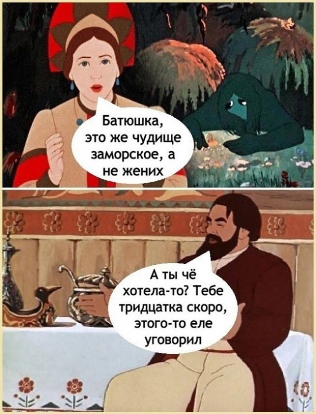 Батюшка, это же чудище заморское, а не жених. А ты чё хотела-то? Тебе тридцатка скоро, этого-то еле уговорил.