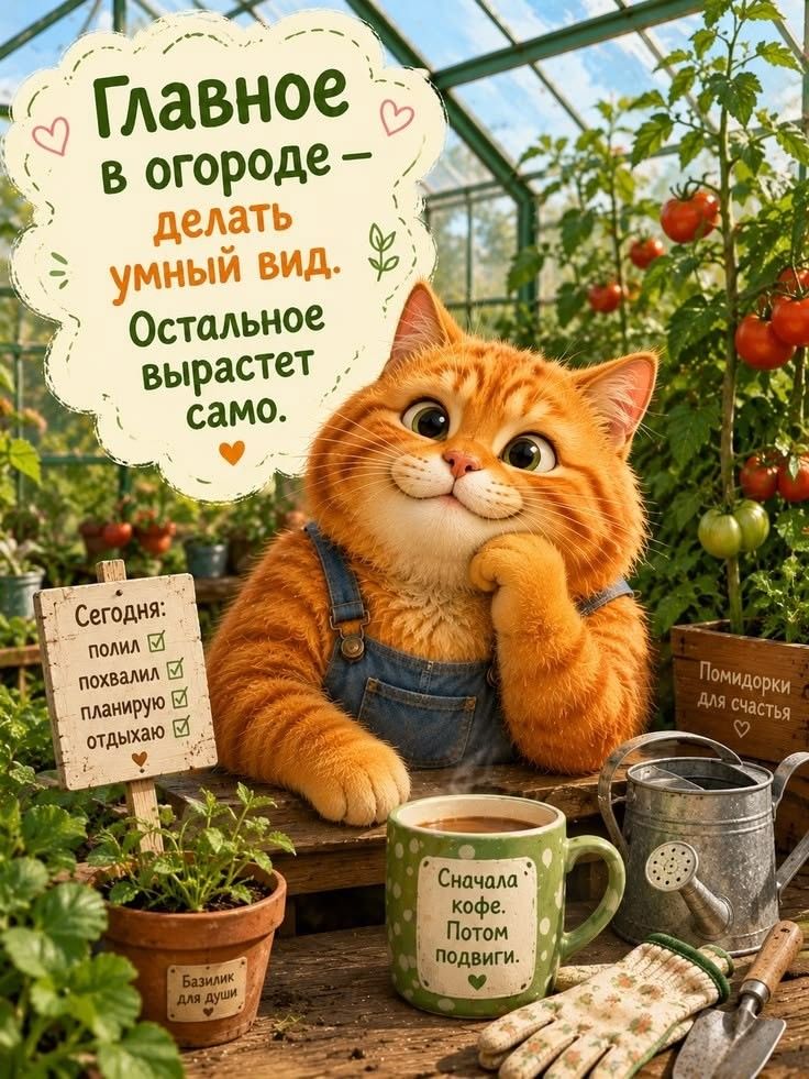 Главное в огороде – делать умный вид. Остальное вырастет само. Сегодня: полил ✅ похвалил ✅ планирую ✅ отдыхаю ✅ Базилик для души Помидорки для счастья Сначала кофе. Потом подвиги.
