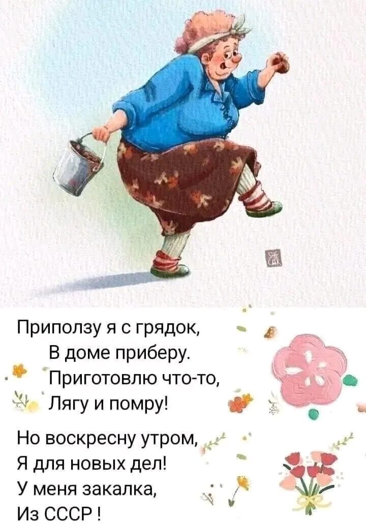 Приползу я с грядок, В доме приберу. Приготовлю что-то, Лягу и помру! Но воскресну утром, Я для новых дел! У меня закалка, Из СССР!