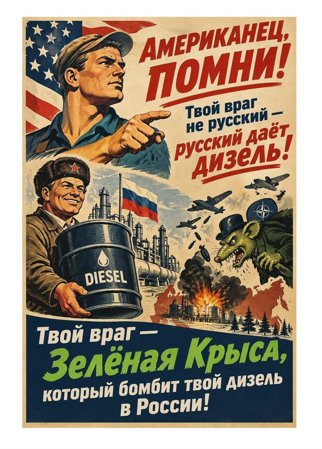 Американец, помни! Твой враг не русский — русский даёт дизель! Твой враг — Зелёная Крыса, который бомбит твой дизель в России!
