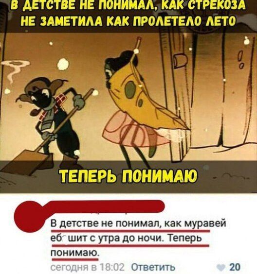 В детстве не понимал, как стрекоза не заметила как пролетело лето. Теперь понимаю. В детстве не понимал, как муравей ебшит с утра до ночи. Теперь понимаю.