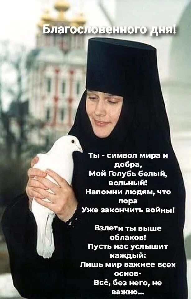 Благословенного дня! Ты - символ мира и добра, Мой Голубь белый, вольный! Напомни людям, что пора Уже закончить войны! Взлети ты выше облаков! Пусть нас услышит каждый: Лишь мир важнее всех основ- Всё, без него, не важно...