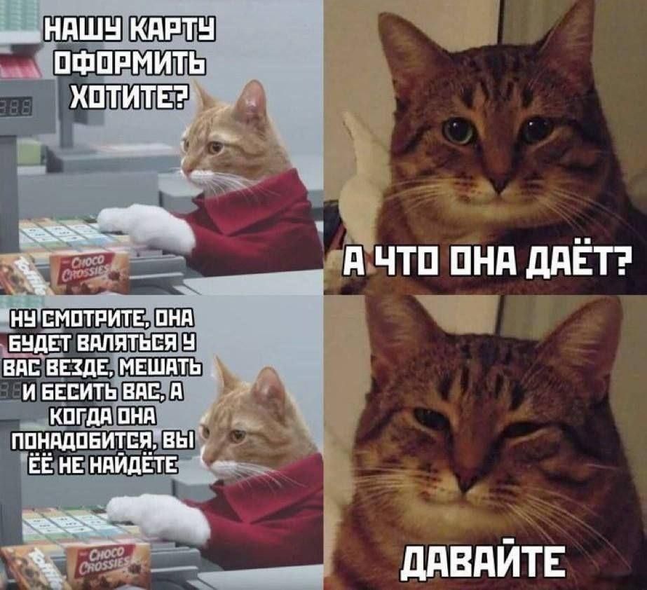 НАШУ КАРТУ ОФОРМИТЬ ХОТИТЕ? А ЧТО ОНА ДАЁТ? НУ СМОТРИТЕ, ОНА БУДЕТ ВАЛЯТЬСЯ У ВАС ВЕЗДЕ, МЕШАТЬ И БЕСИТЬ ВАС, А КОГДА ОНА ПОНАДОБИТСЯ, ВЫ ЕЁ НЕ НАЙДЁТЕ ДАВАЙТЕ