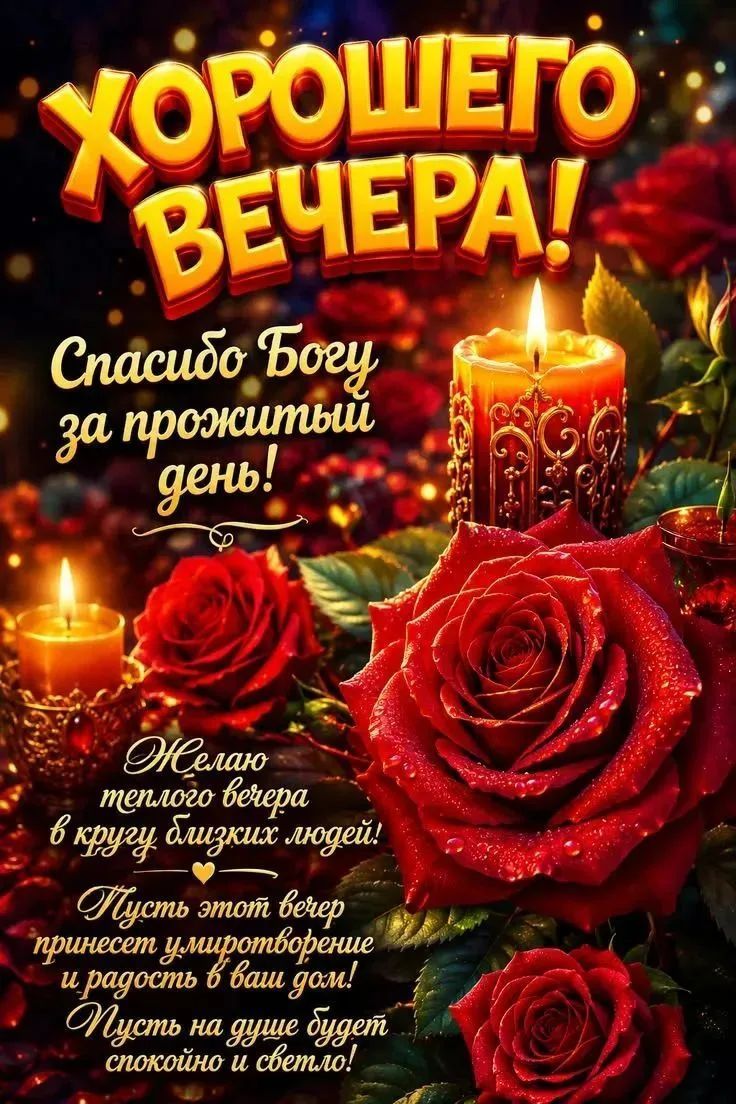 ХОРОШЕГО ВЕЧЕРА! Спасибо Богу за прожитый день! Желаю теплого вечера в кругу близких людей! Пусть этот вечер принесет умиротворение и радость в ваш дом! Пусть на душе будет спокойно и светло!