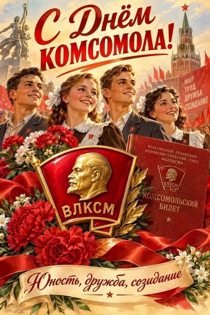 С Днём Комсомола! МИР ТРУД ДРУЖБА СОЗИДАНИЕ ВСЕСОЮЗНЫЙ ЛЕНИНСКИЙ КОММУНИСТИЧЕСКИЙ СОЮЗ МОЛОДЕЖИ КОМСОМОЛЬСКИЙ БИЛЕТ ВЛКСМ Юность, дружба, созидание