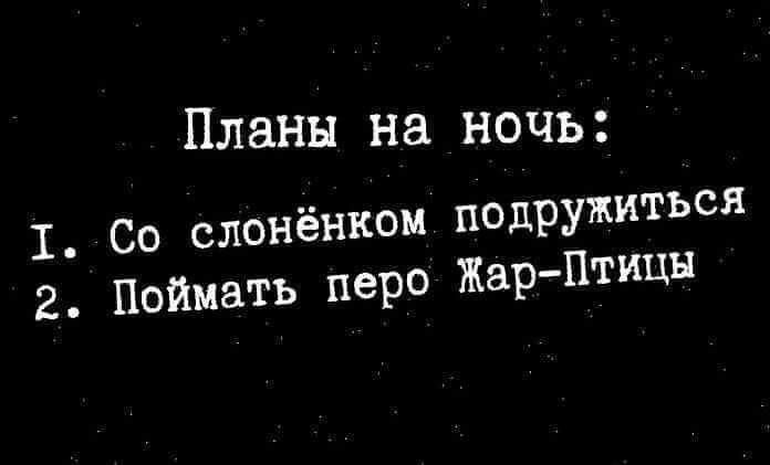 Планы на ночь: 1. Со слонёнком подружиться 2. Поймать перо Жар-Птицы