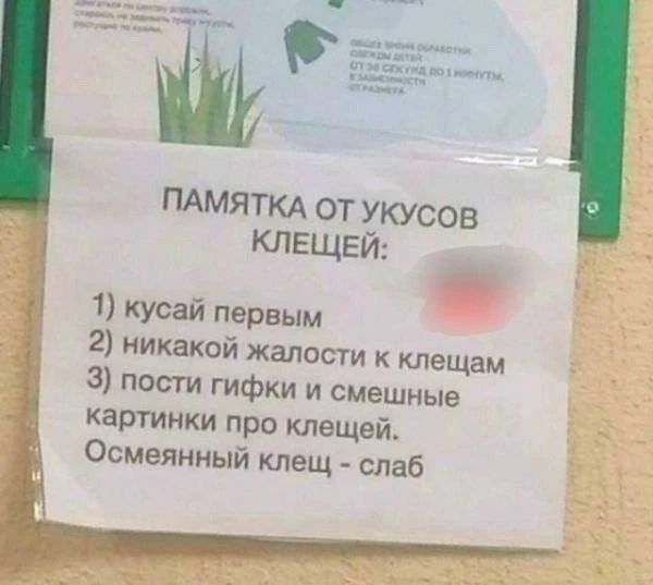 ПАМЯТКА ОТ УКУСОВ КЛЕЩЕЙ: 1) кусай первым 2) никакой жалости к клещам 3) пости гифки и смешные картинки про клещей. Осмеянный клещ - слаб