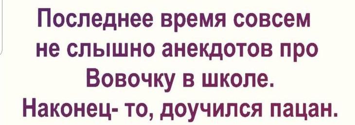 Последнее время совсем не слышно анекдотов про Вовочку в школе. Наконец-то, доучился пацан.