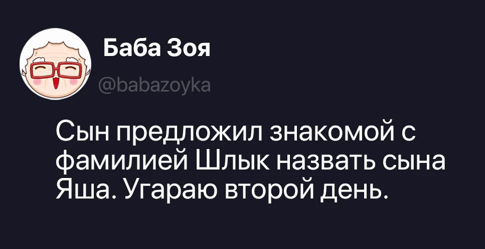 Баба Зоя @babazoyka Сын предложил знакомой с фамилией Шлык назвать сына Яша. Угараю второй день.