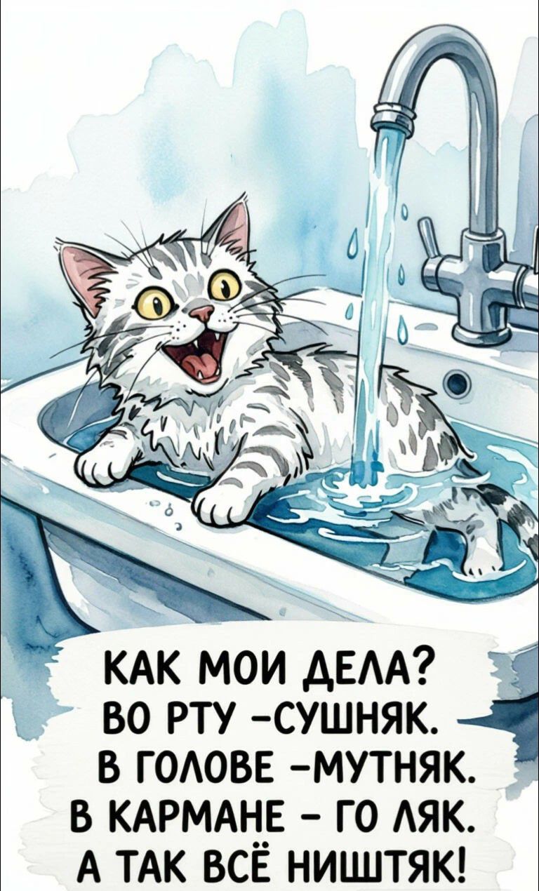 КАК МОИ ДЕЛА? ВО РТУ -СУШНЯК. В ГОЛОВЕ -МУТНЯК. В КАРМАНЕ - ГО ЛЯК. А ТАК ВСЁ НИШТЯК!