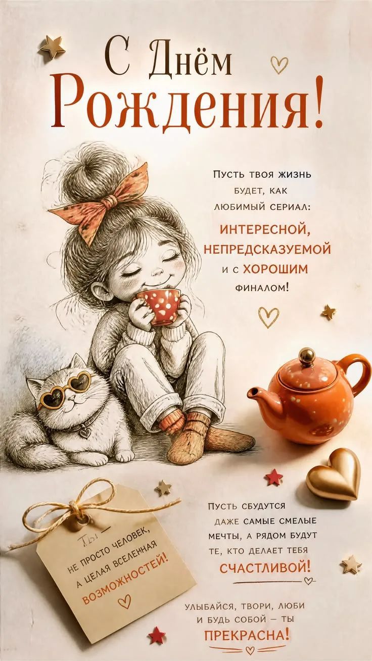 С Днём Рождения! Пусть твоя жизнь будет, как любимый сериал: интересной, непредсказуемой и с хорошим финалом! Пусть сбудутся даже самые смелые мечты, а рядом будут те, кто делает тебя счастливой! Ты — не просто человек, а целая вселенная возможностей! Улыбайся, твори, люби и будь собой — ты прекрасна!