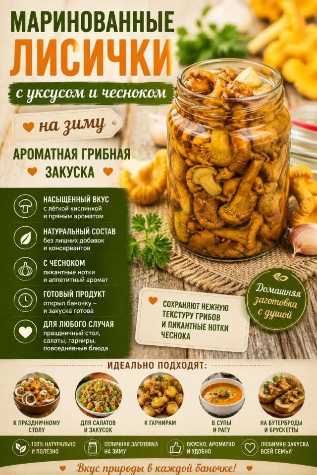 МАРИНОВАННЫЕ ЛИСИЧКИ с уксусом и чесноком на зиму АРОМАТНАЯ ГРИБНАЯ ЗАКУСКА НАСЫЩЕННЫЙ ВКУС с легкой кислинкой и пряным ароматом НАТУРАЛЬНЫЙ СОСТАВ без лишних добавок и консервантов С ЧЕСНОКОМ пикантные нотки и аппетитный аромат ГОТОВЫЙ ПРОДУКТ открыл баночку - и закуска готова ДЛЯ ЛЮБОГО СЛУЧАЯ праздничный стол, салаты, гарниры, повседневные