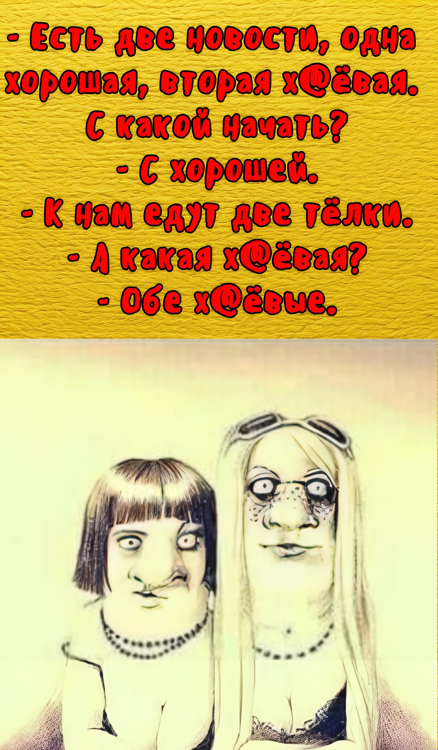 Есть две новости, одна хорошая, вторая хуёвая. С какой начать? - С хорошей. - К нам едут две тёлки. - А какая хуёвая? - Обе хуёвые.