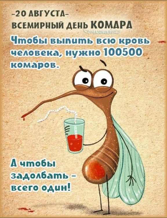 -20 АВГУСТА - ВСЕМИРНЫЙ ДЕНЬ КОМАРА. Чтобы выпить всю кровь человека, нужно 100500 комаров. А чтобы задолбать - всего один!