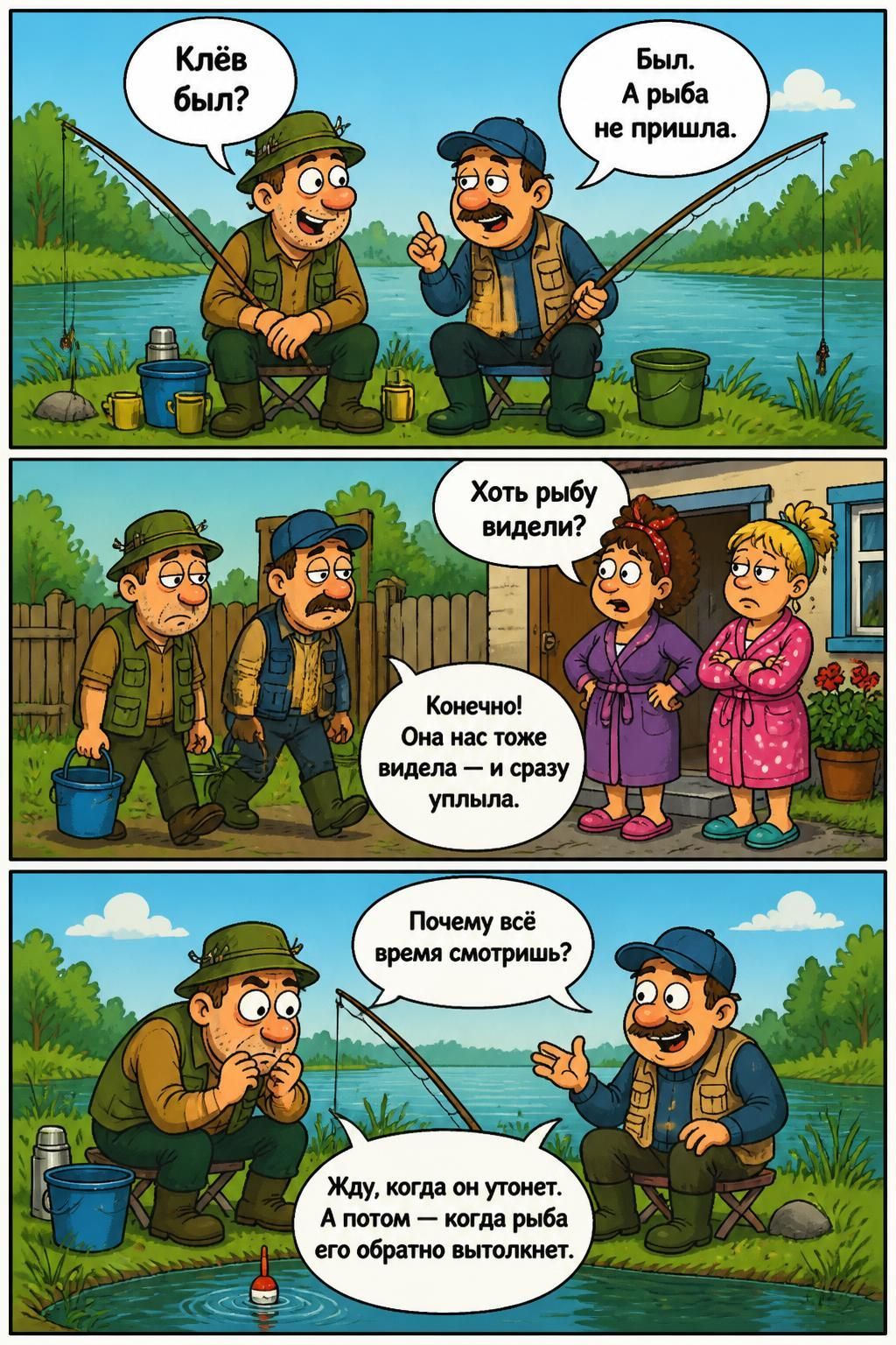 Клёв был? Был. А рыба не пришла. Хоть рыбу видели? Конечно! Она нас тоже видела — и сразу уплыла. Почему всё время смотришь? Жду, когда он утонет. А потом — когда рыба его обратно вытолкнет.