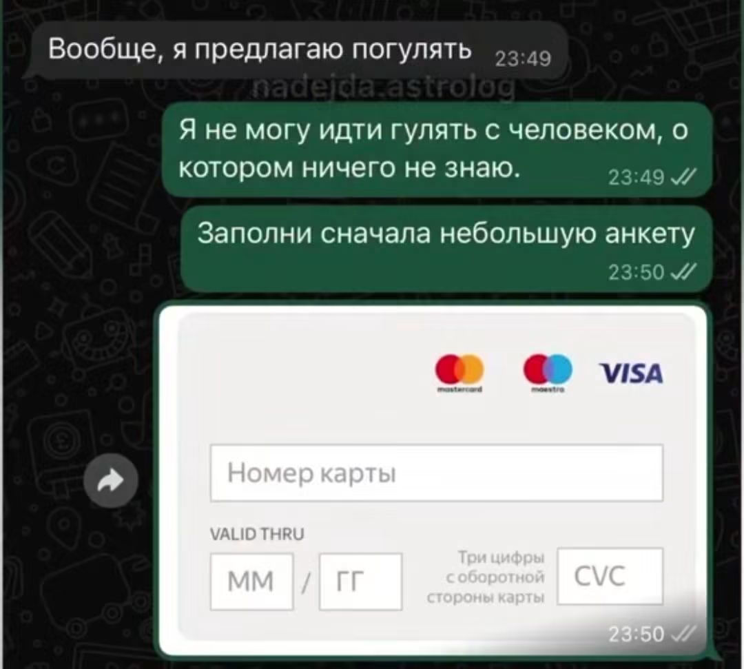 Вообще, я предлагаю погулять. Я не могу идти гулять с человеком, о котором ничего не знаю. Заполни сначала небольшую анкету. Номер карты, VALID THRU MM / ГГ, Три цифры с оборотной стороны карты CVC