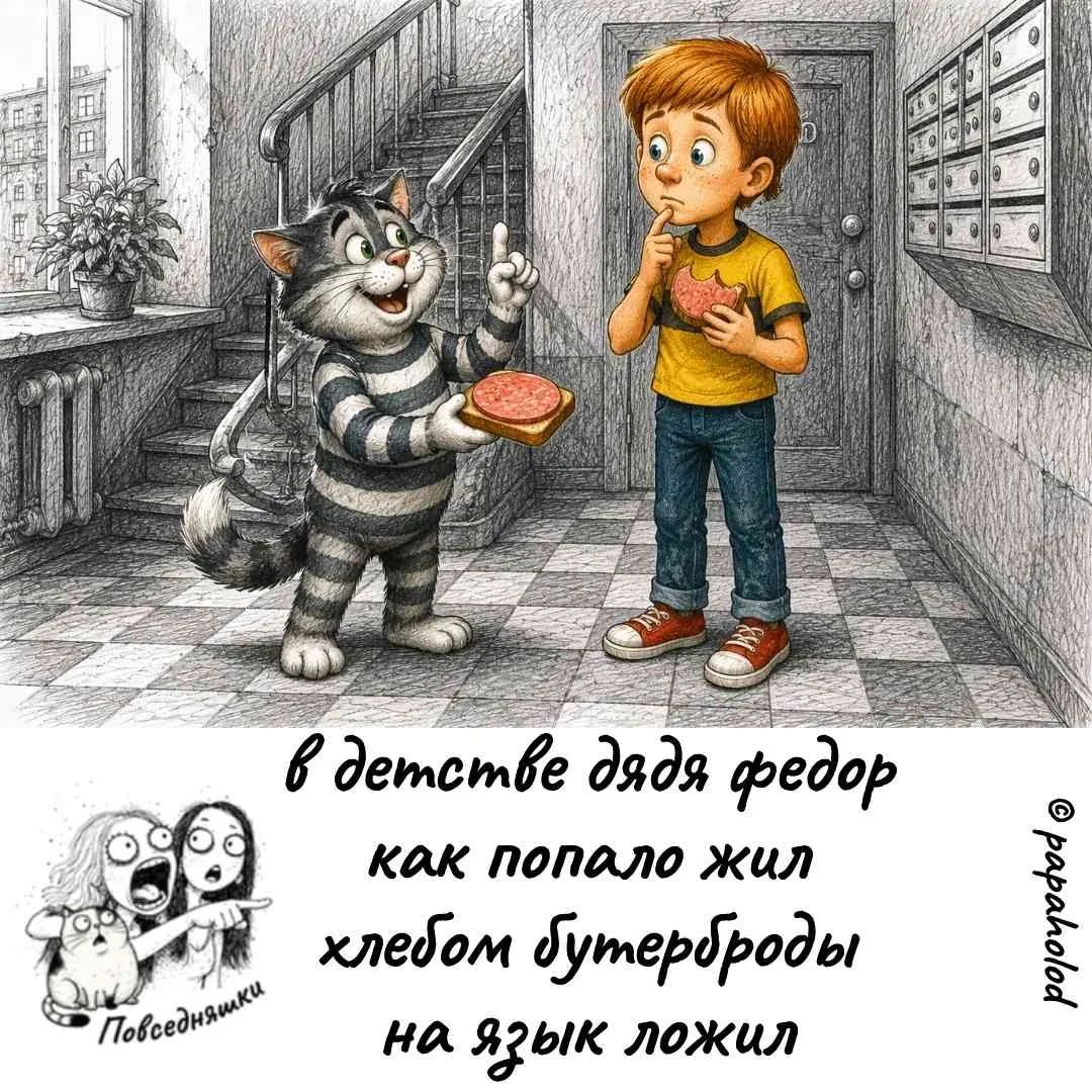 в детстве дядя федор как попало жил хлебом бутерброды на язык ложил