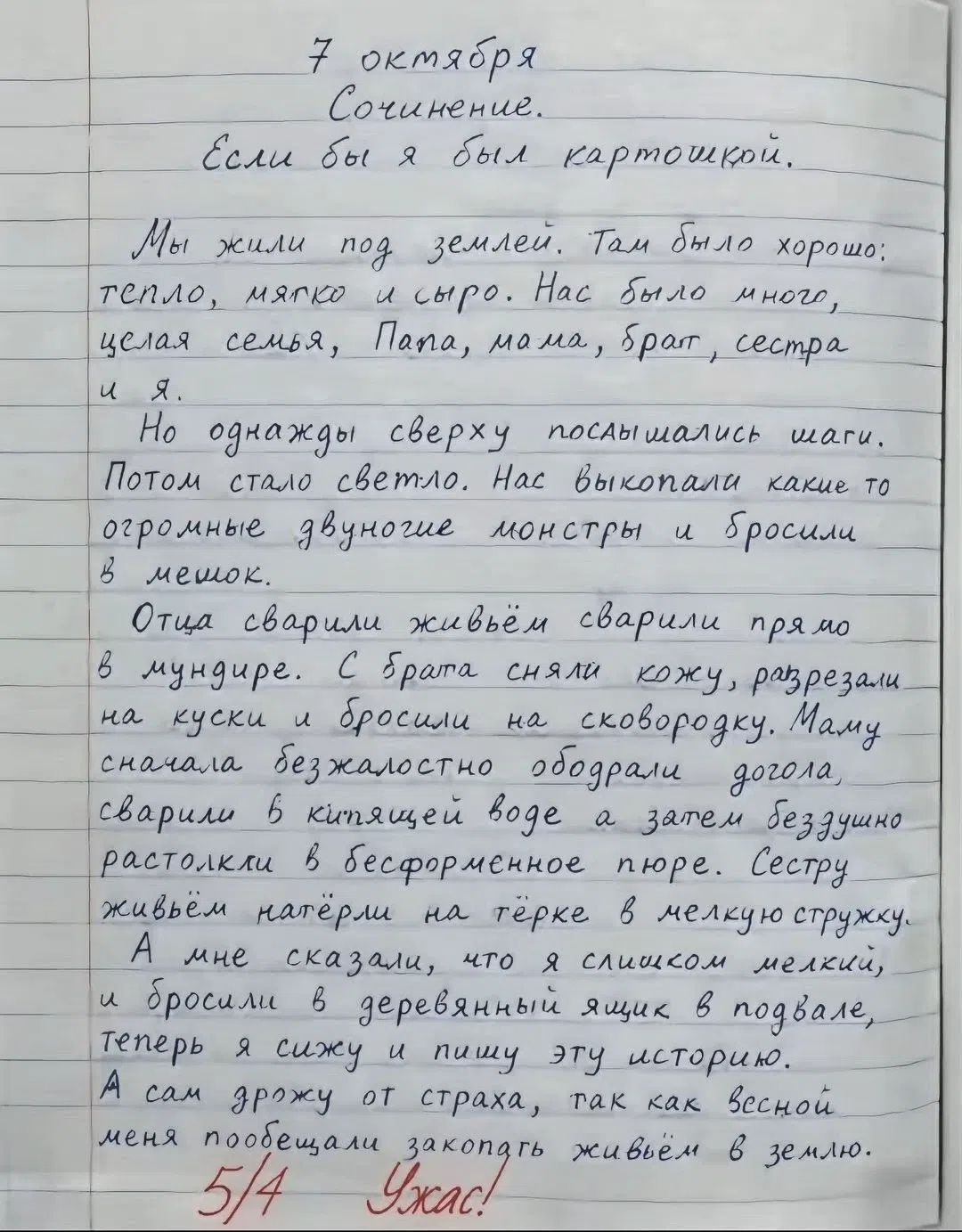 7 октября Сочинение. Если бы я был картошкой. Мы жили под землей. Там было хорошо: тепло, мягко и сыро. Нас было много, целая семья, Папа, мама, брат, сестра и я. Но однажды сверху послышались шаги. Потом стало светло. Нас выкопали какие то огромные двуногие монстры и бросили в мешок. Отца сварили живьём сварили прямо в мундире. С брата сняли