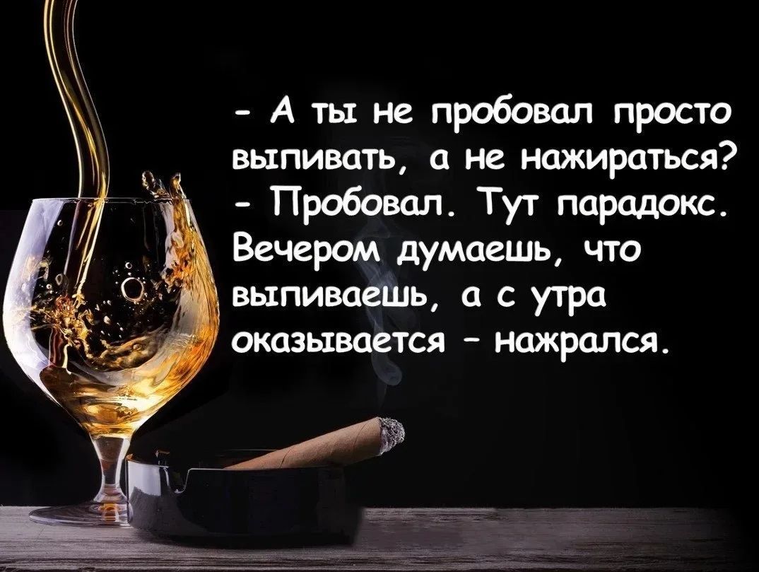 А ты не пробовал просто выпивать, а не нажираться? Пробовал. Тут парадокс. Вечером думаешь, что выпиваешь, а с утра оказывается - нажрался.