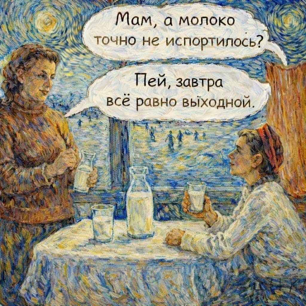 Мам, а молоко точно не испортилось? Пей, завтра всё равно выходной.