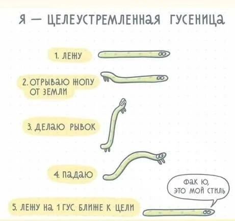Я — целеустремленная гусеница. 1. Лежу. 2. Отрываю жопу от земли. 3. Делаю рывок. 4. Падаю. Фак ю, это мой стиль. 5. Лежу на 1 гус. ближе к цели