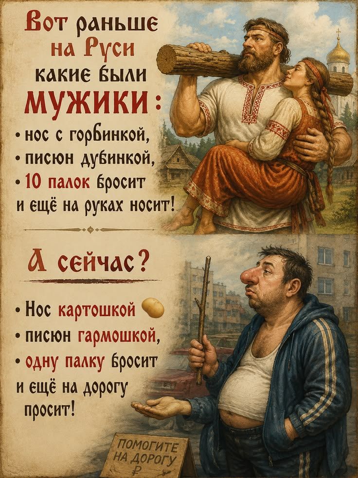 Вот раньше на Руси какие были мужики: нос с горбинкой, писюн дубинкой, 10 палок бросит и еще на руках носит! А сейчас? Нос картошкой, писюн гармошкой, одну палку бросит и еще на дорогу просит! Помогите на дорогу Р