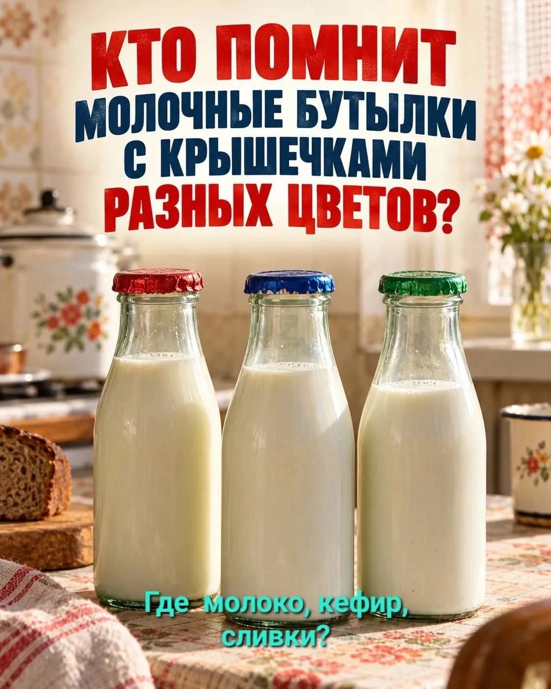 Кто помнит молочные бутылки с крышечками разных цветов? Где молоко, кефир, сливки?